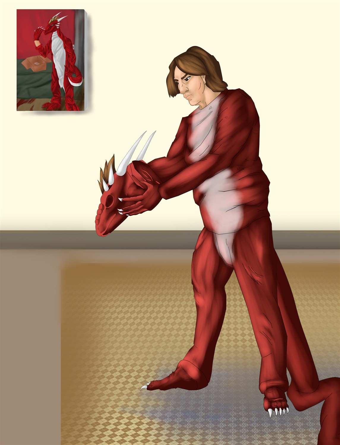 Maskaphobia (Red dragon costume TF) by Lucern7